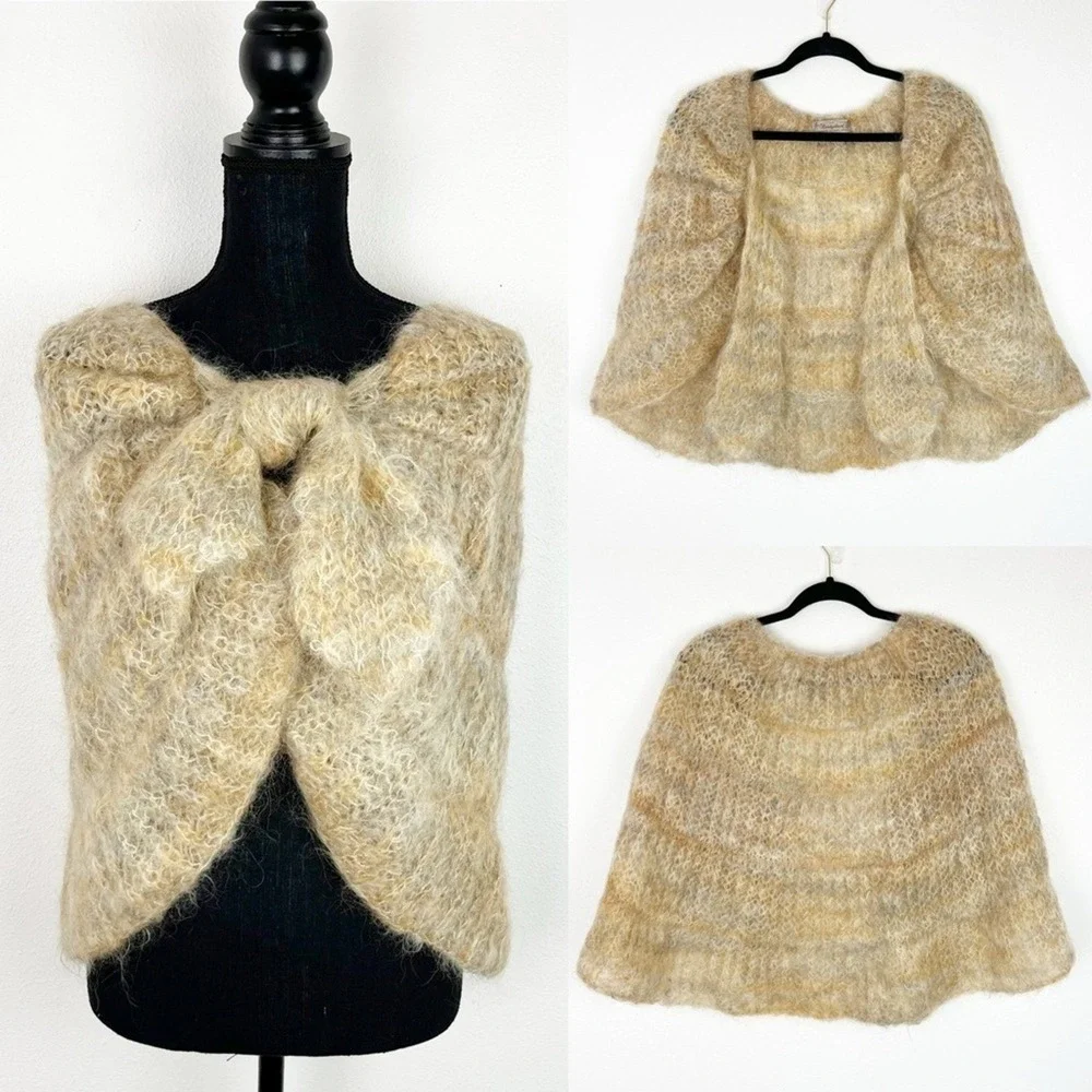 Wool Shawl Hand‑Knit Wrap Cape S/M Tan Cream Dutch Heritage